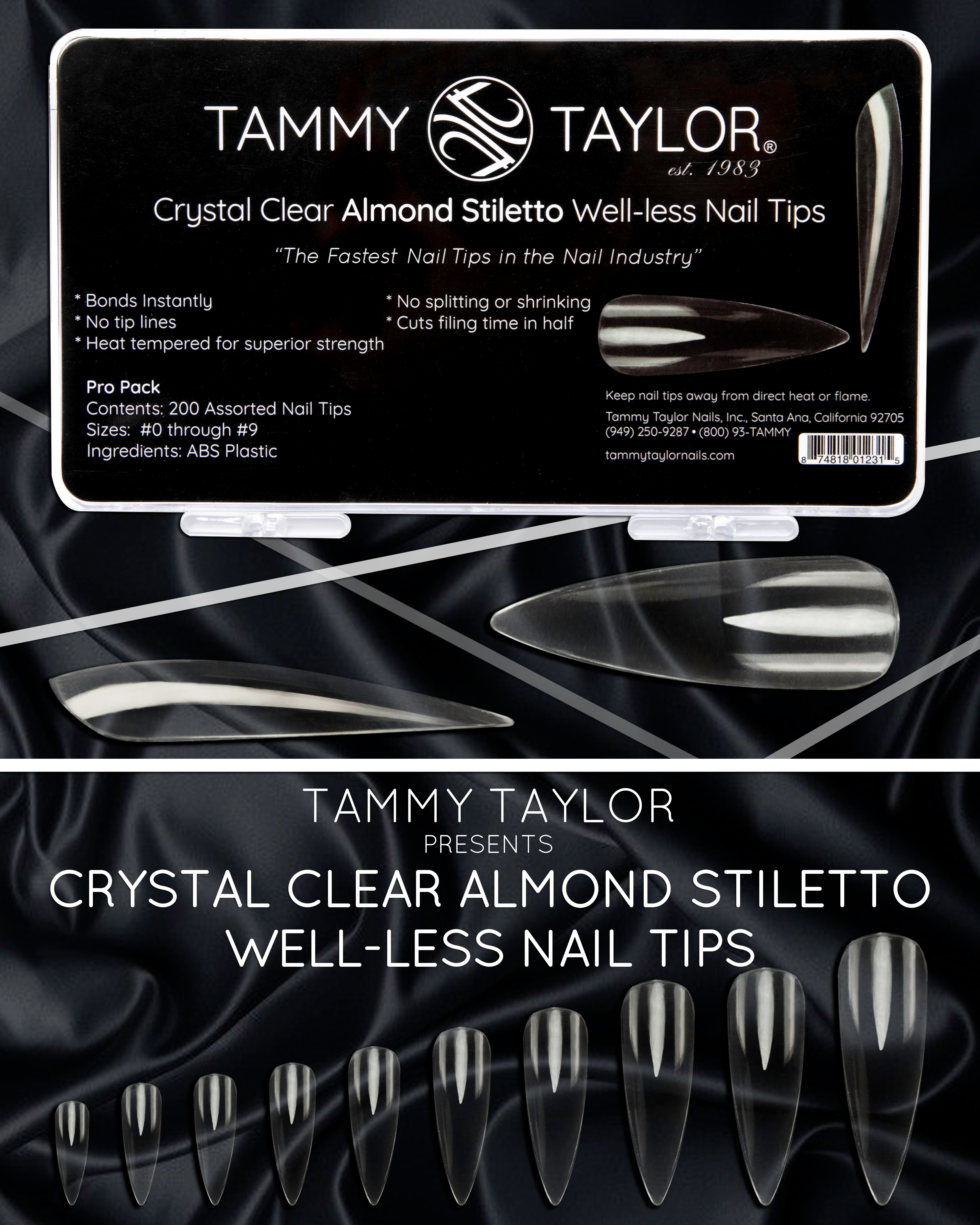 Tammy Taylor | Crystal Clear Almond Stiletto Well-less Nail Tips | Nail Tips